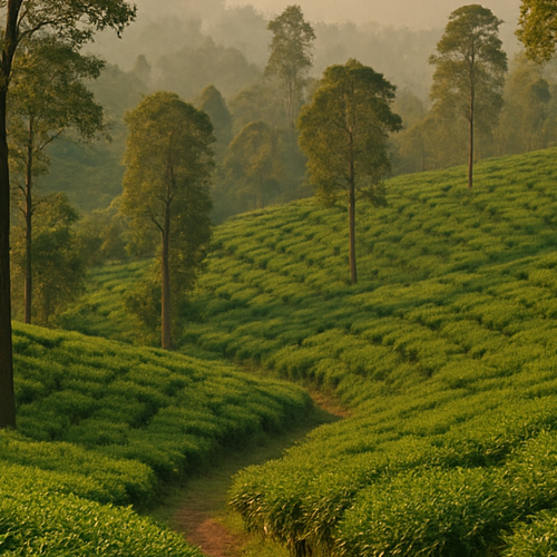 Tea plantation in Sri Lanka at sunrise with tall trees and green tea bushes