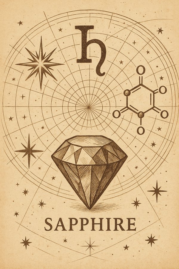 Alchemical illustration of a sapphire with Saturn symbol and star map