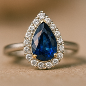 Pear-cut deep blue sapphire ring with diamonds