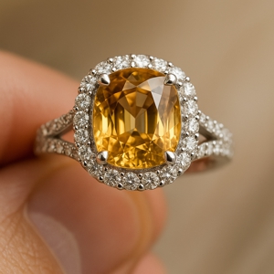 Yellow cushion-cut sapphire ring with diamond halo