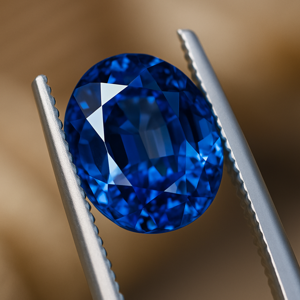 Oval cut sapphire held in tweezers