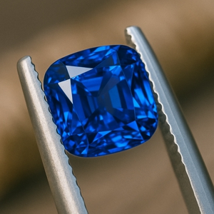 Cushion cut sapphire held in tweezers