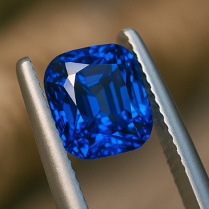 Emerald cut sapphire held in tweezers