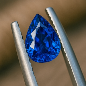 Pear cut sapphire held in tweezers