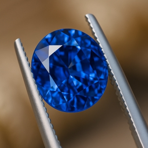 Round cut sapphire held in tweezers