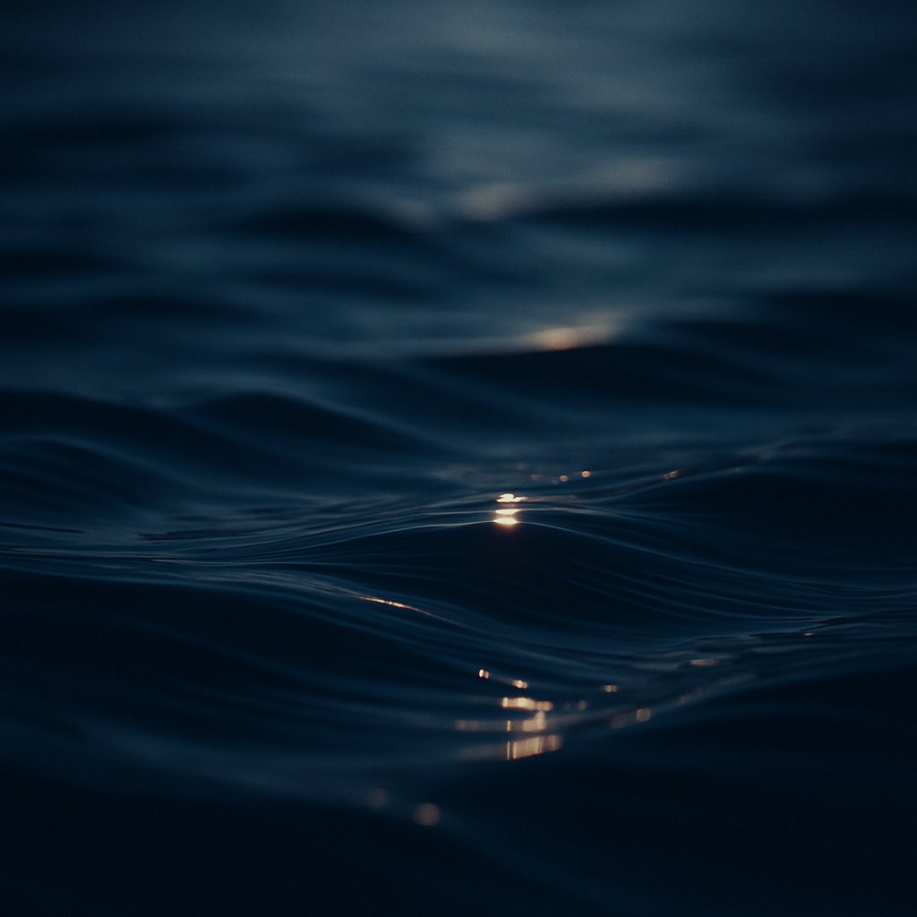 Single point of light reflected on dark rippling water
