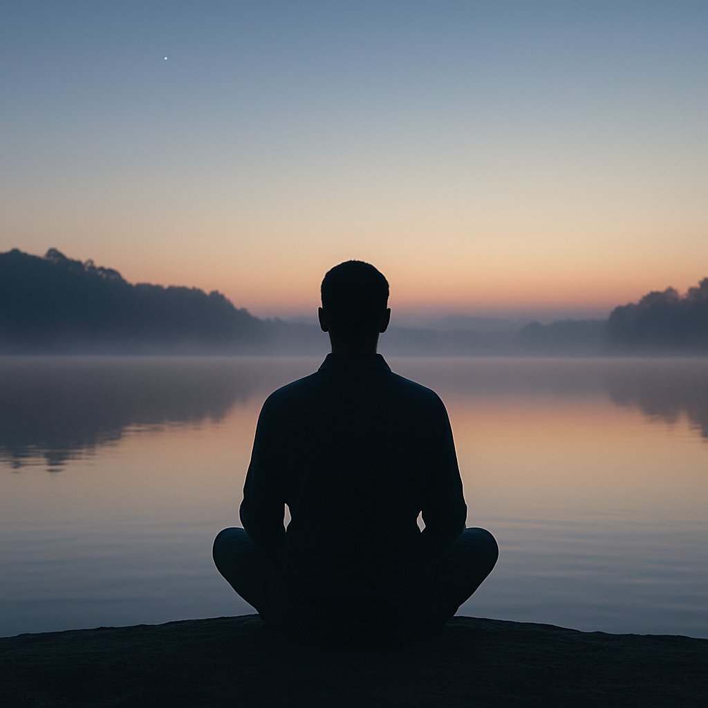 Silhouette of a person meditating by a misty lake at dawn