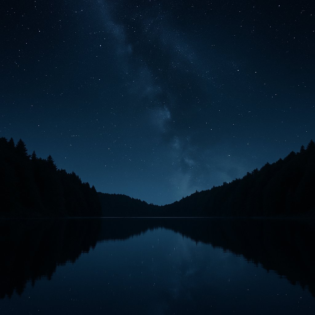 Starry night sky reflecting on a still lake with forest silhouette