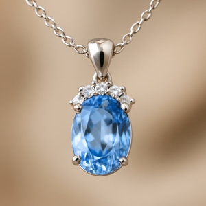 White gold necklace with light blue oval-cut sapphire