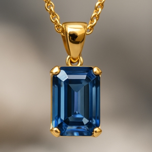 Gold necklace with blue emerald-cut sapphire
