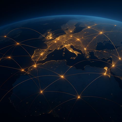 Strategic global network radiating from Sri Lanka at night
