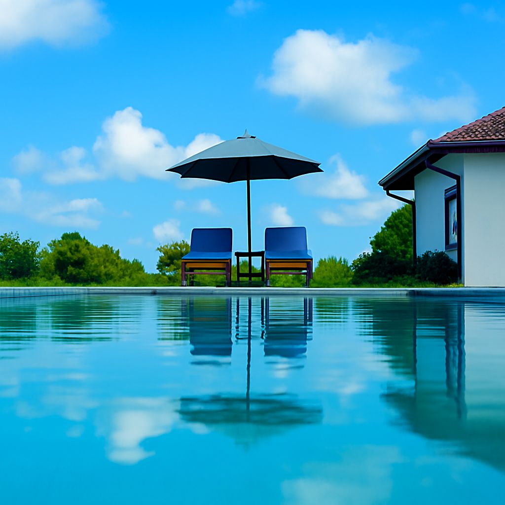 Poolside view with chairs and umbrella reflecting peaceful atmosphere