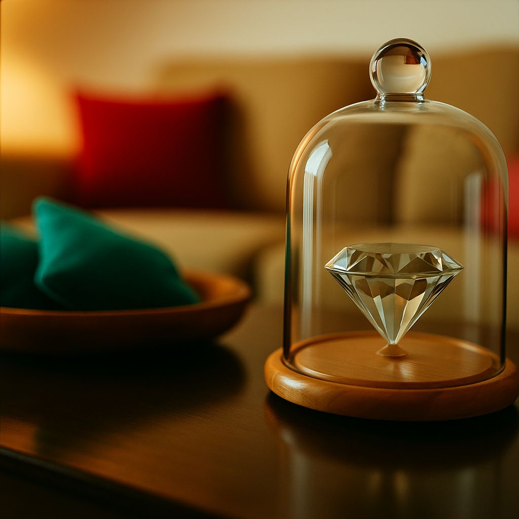 Glass cloche with reflective ornament on table at Villa Noble Horizon