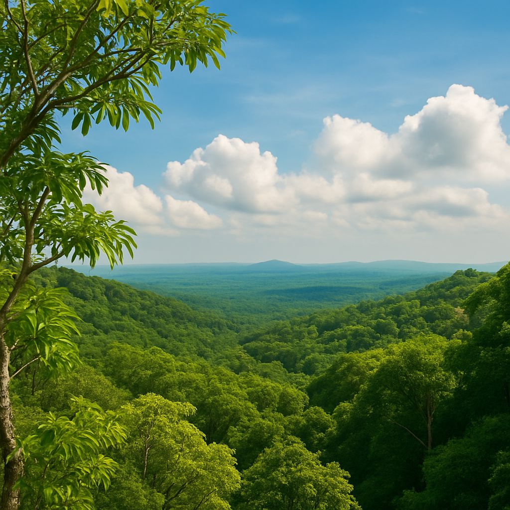 Panoramic rooftop view over treetops and distant hills at Villa Noble Horizon