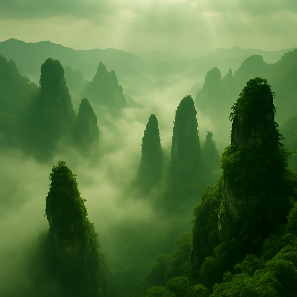 Misty green karst mountains rising through soft light and drifting clouds at sunset.
