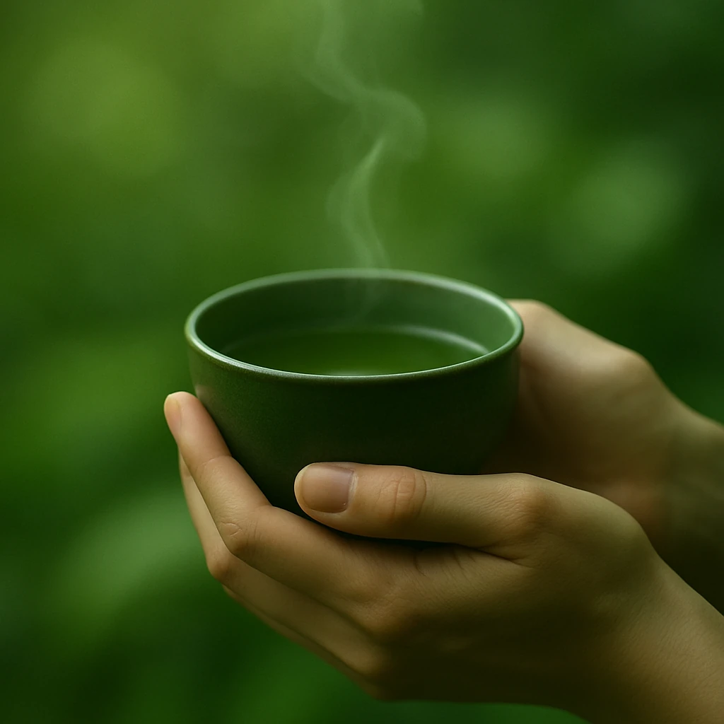 Hands holding a steaming green tea bowl against a soft green forest background.
