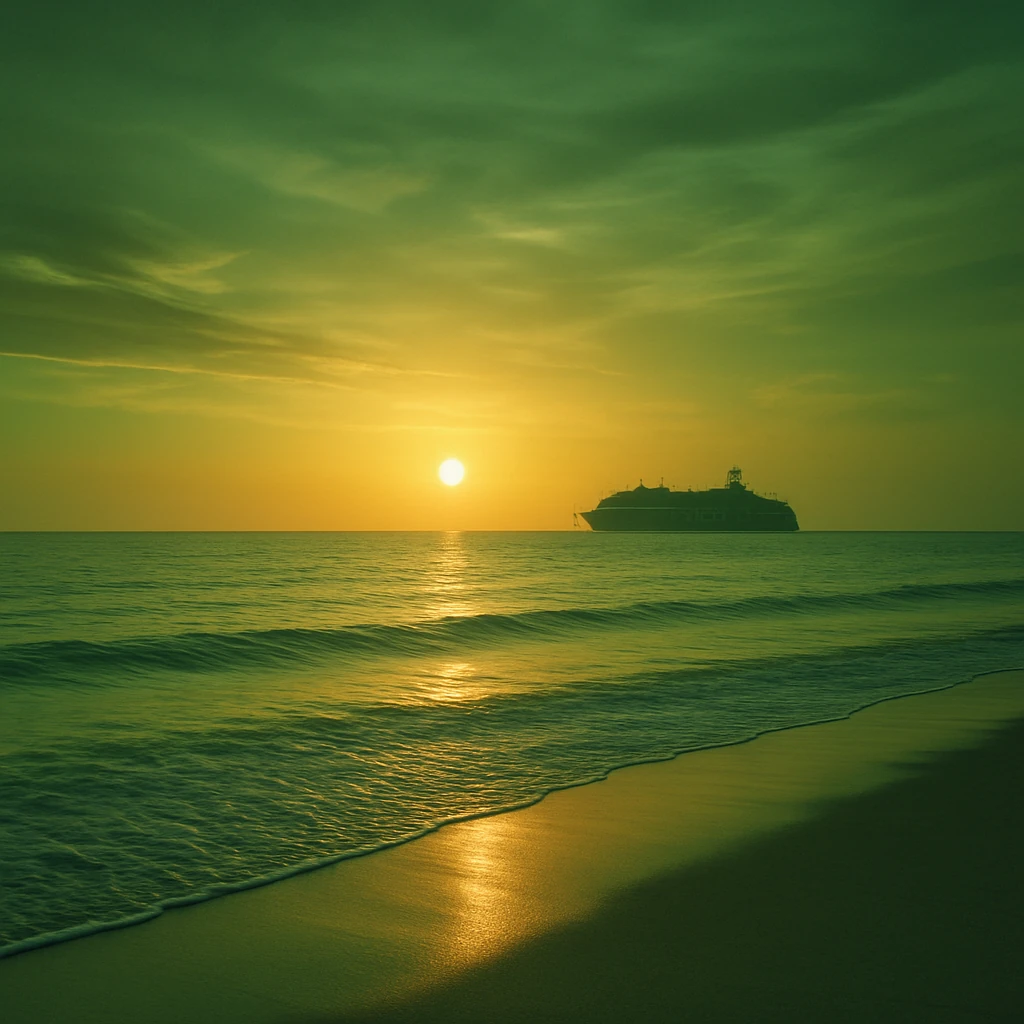 Green-tinted sunset over the sea with soft waves and a distant luxury cruise ship on the horizon.