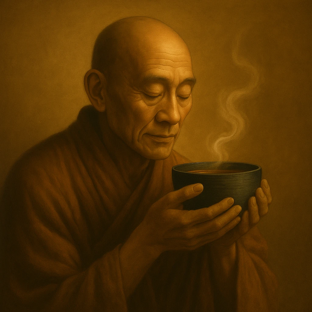 Meditative scene of a monk-like figure holding a warm cup of Silent Ember No. 3 tea in soft golden light