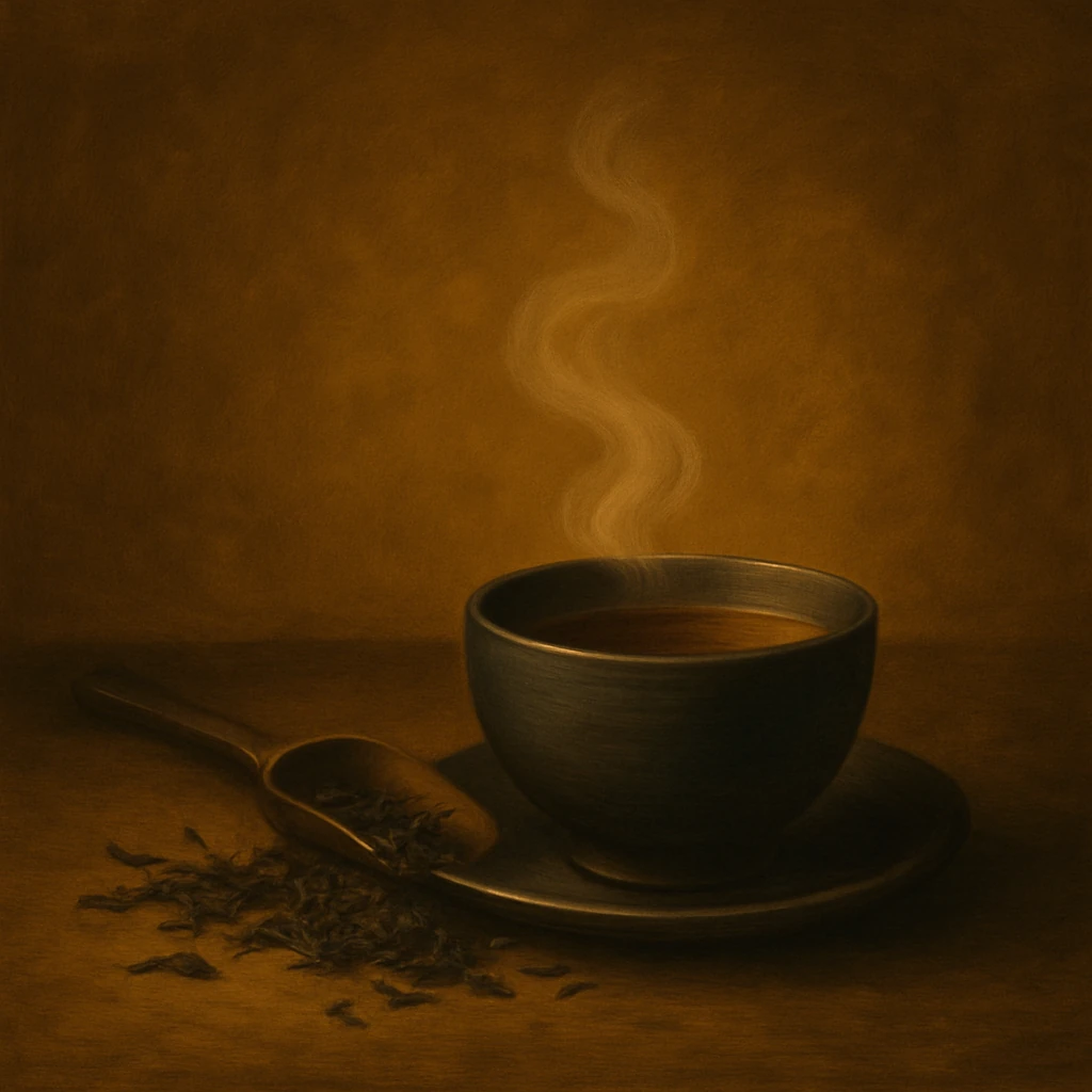 Warm cup of tea steaming softly in golden light beside loose leaves and a wooden spoon