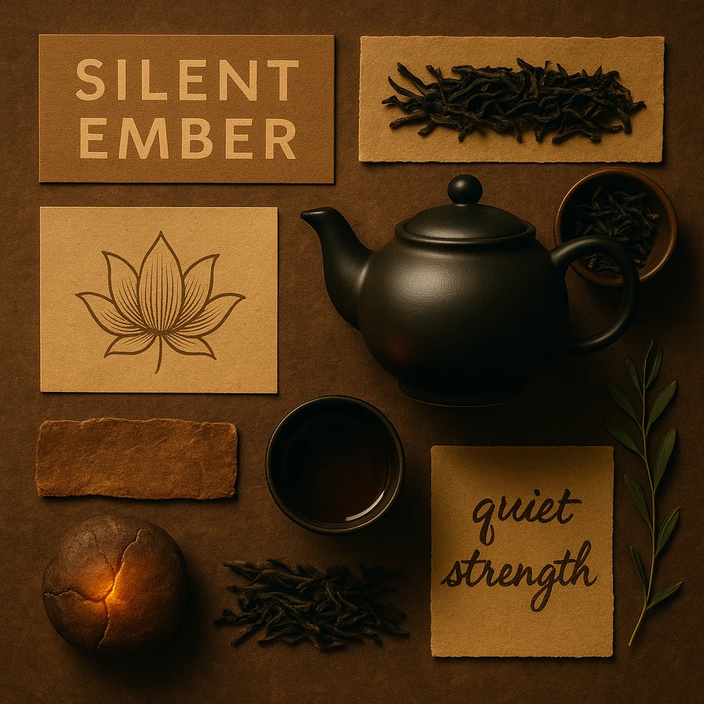 Arranged flatlay of Silent Ember elements including teapot, loose leaves, lotus symbol, natural textures and the phrase quiet strength