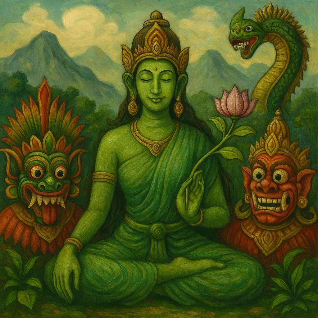 Mythological green goddess figure with Sri Lankan mask spirits and a lotus flower in a symbolic mountain setting.