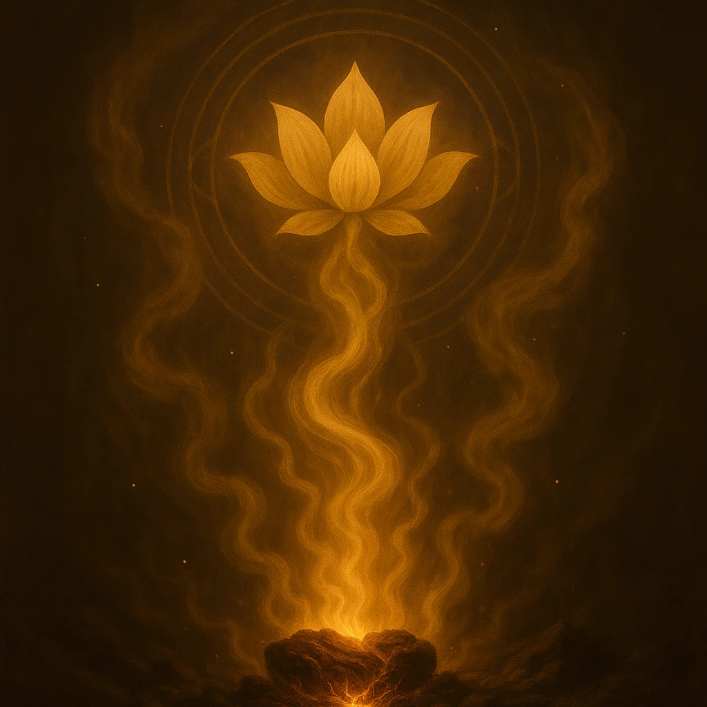 Warm glowing ember rising from a dark background, forming a soft, swirling flame-like shape