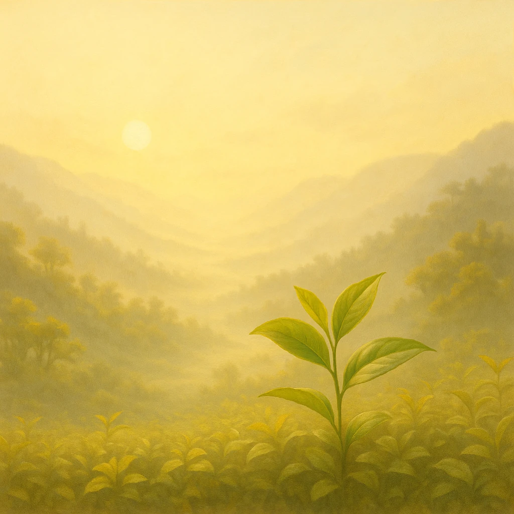 Noble Horizon White Horizon No.1 white tea sprout in golden highland morning light, early mist over tea fields.