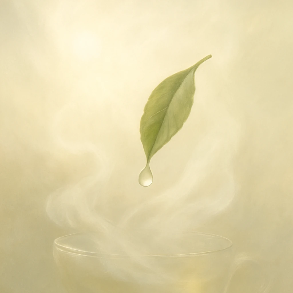 White Horizon No.1 white tea leaf hovering above warm steam in soft golden light.