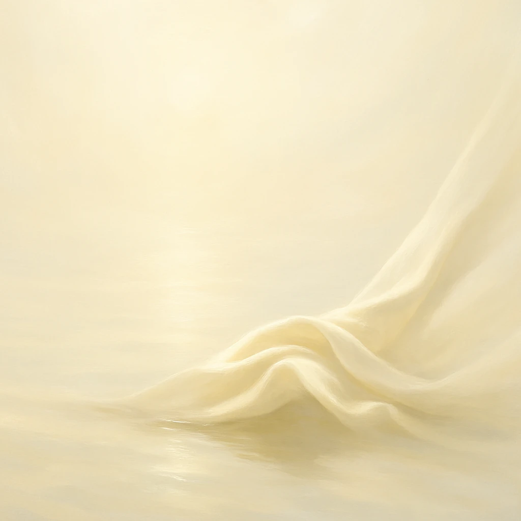 Noble Horizon soft white fabric drifting over calm light surface in golden morning haze.
