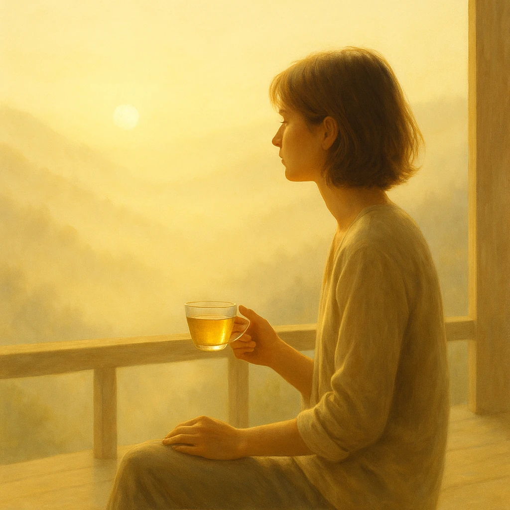 Person holding a cup of white tea on a wooden porch overlooking misty highland sunrise.