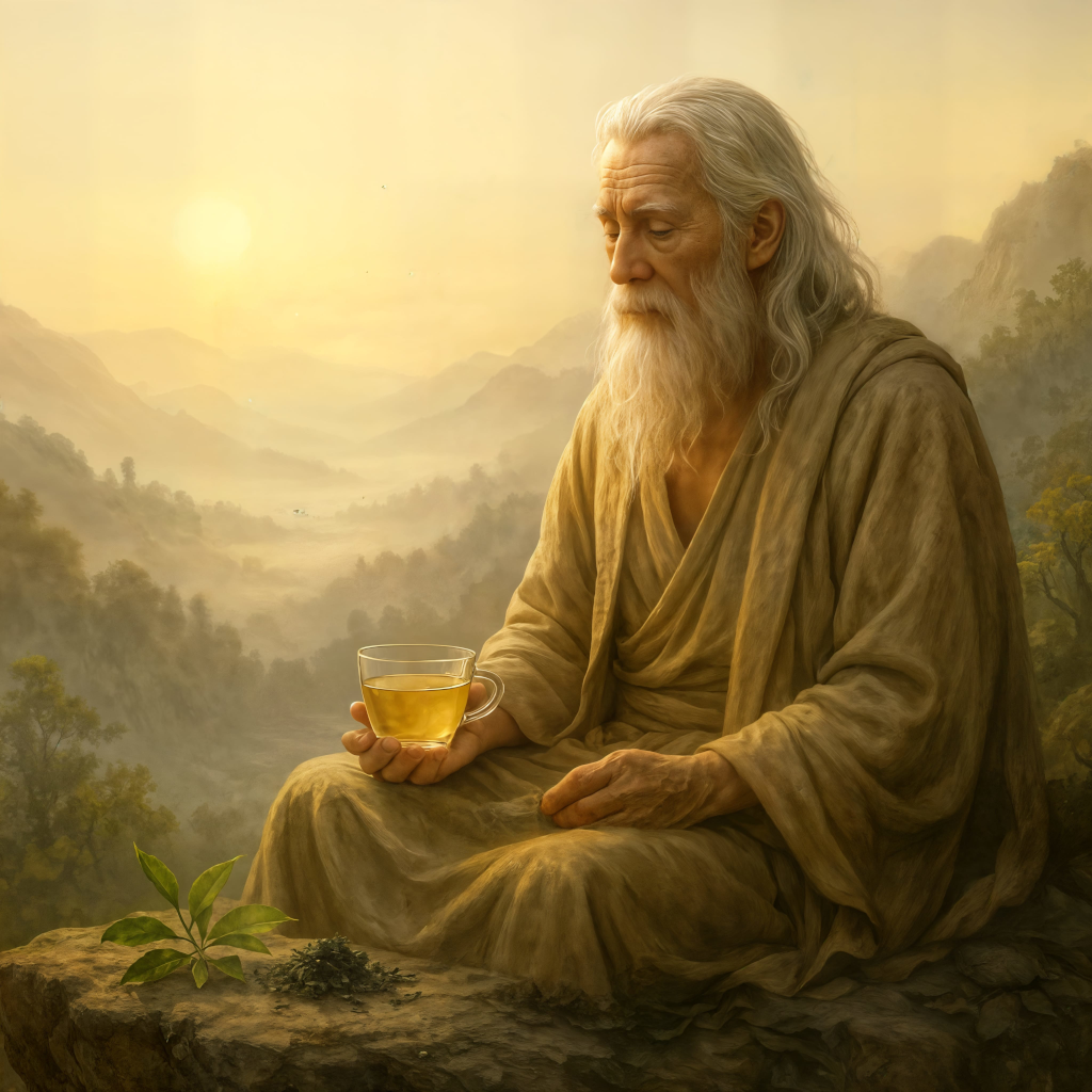 Monk with white tea at sunrise in Sri Lankan highlands